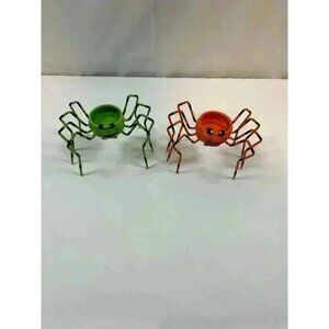 HALLOWEEN METAL SPIDER T-LITE CANDLE HOLDERS‎ GREEN ORANGE SET OF TWO